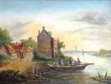 Rivier met huis en veerboot