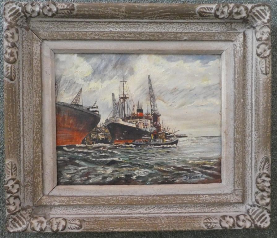Haven met afgemeerde schepen    €50,-