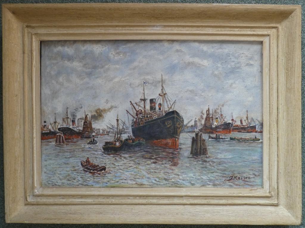 Haven met schepen en roeiboot     €50,-