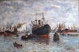 Haven met schepen en roeiboot