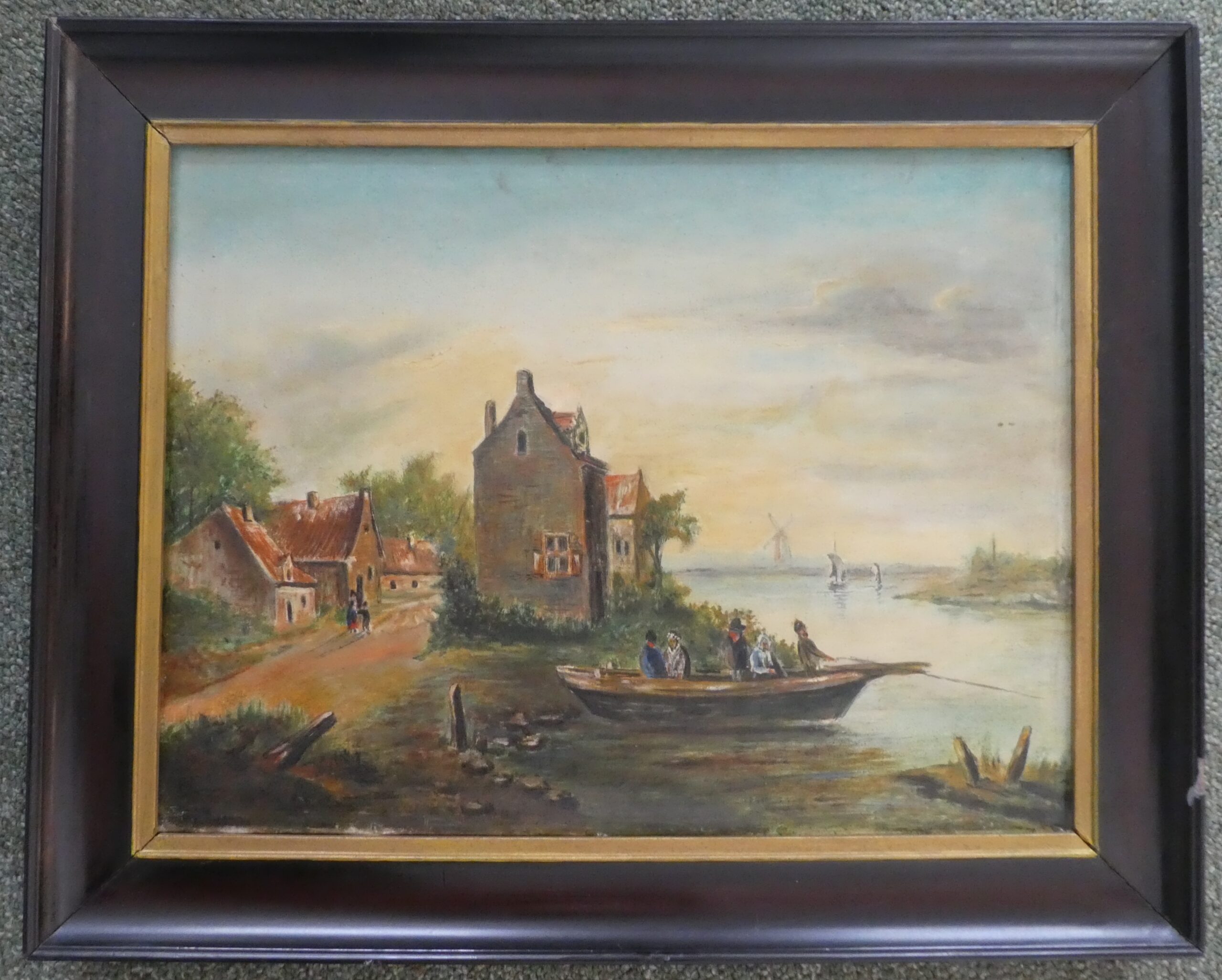 Rivier met huis en veerboot   €25,-