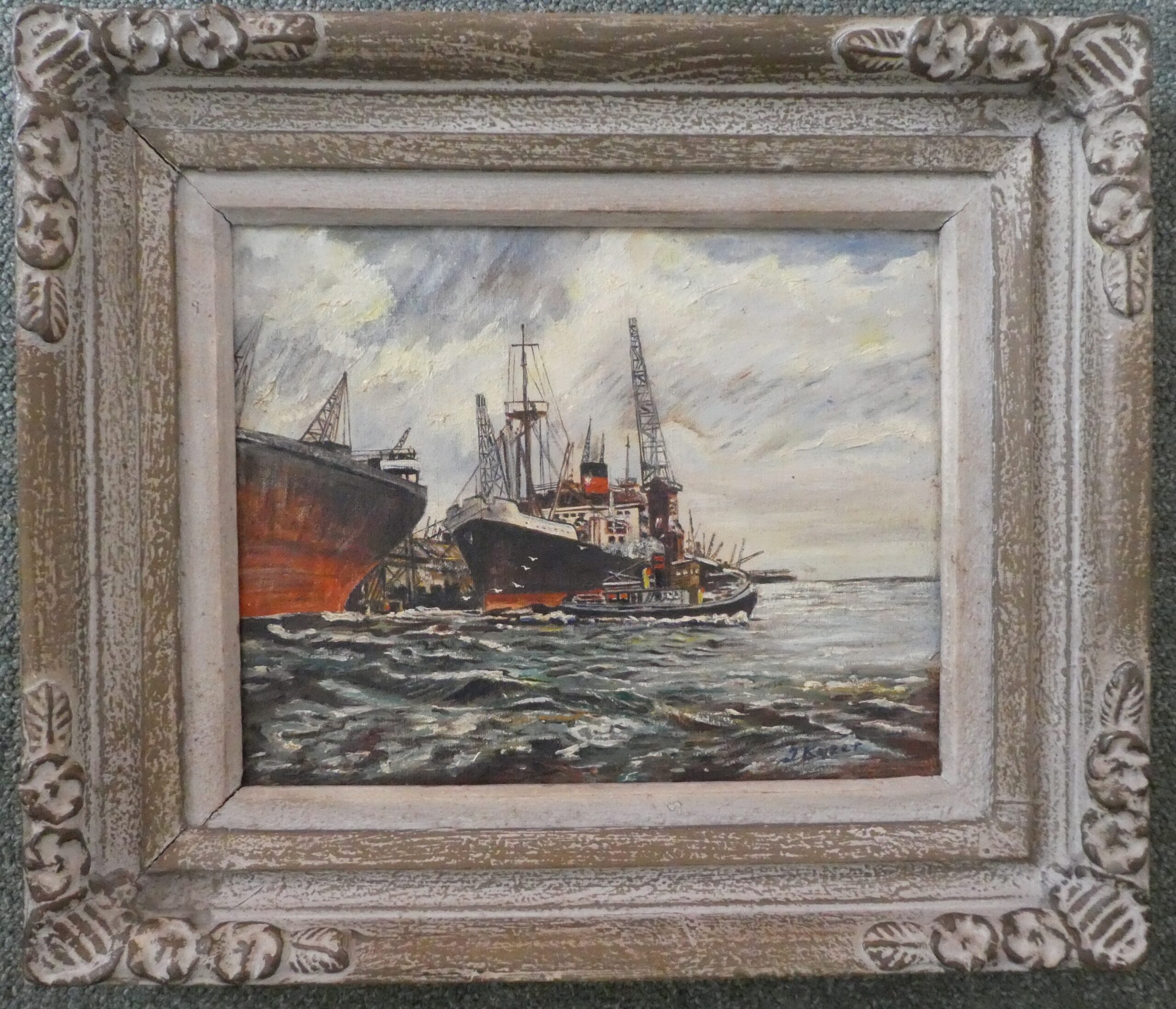 Haven met afgemeerde schepen   €75,-
