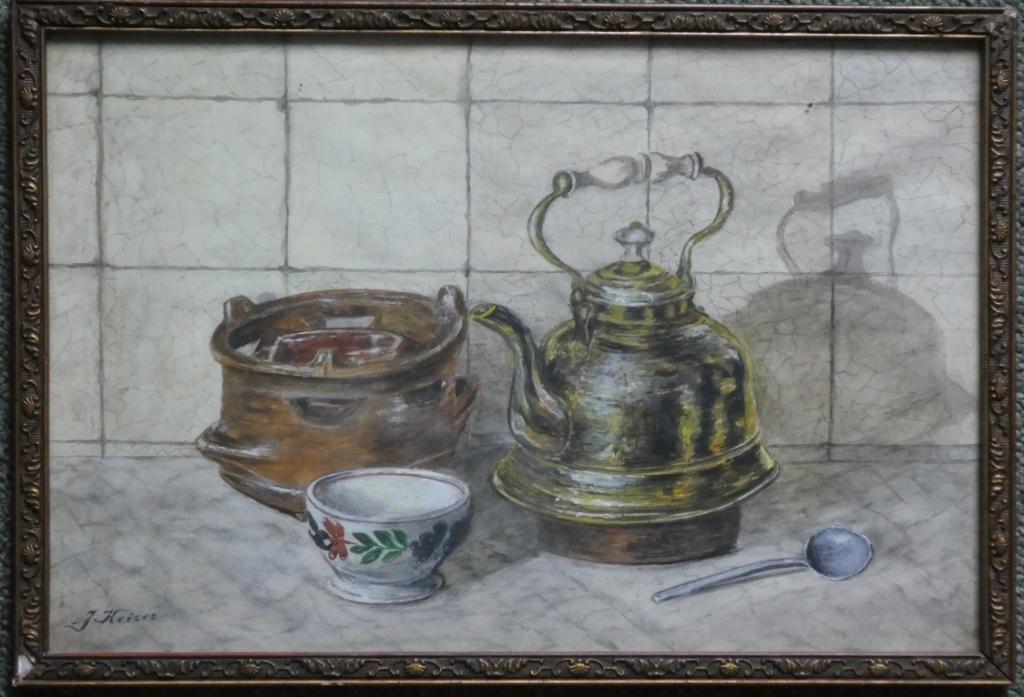 Stilleven met koperen keteltje en aardewerk    €20,-