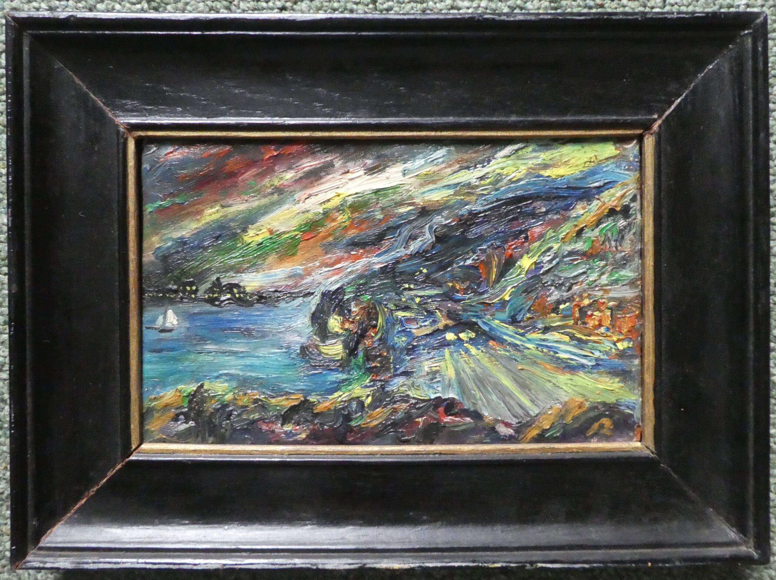 Modern landschap met zeilbootje   €10,-